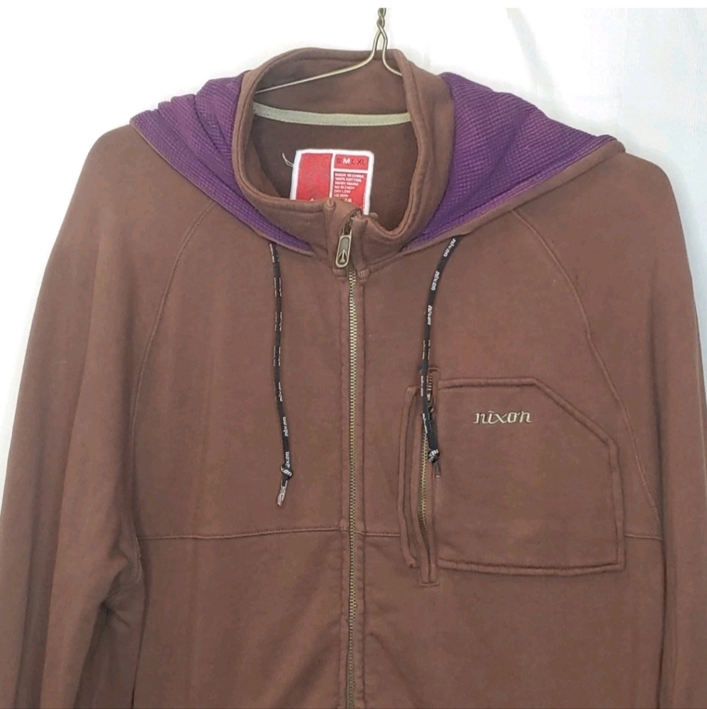 Nixon Waffle Knit Zip Jacket Med Brown Skater Grunge Y2k Vtg  Thumbholes Hooded